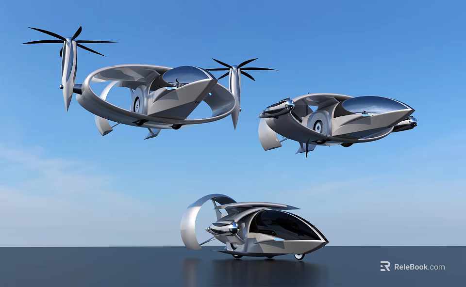 Futuristic Flying Cars With Sleek Aerodynamic Shapes Flying In Blue Sky 3d model 