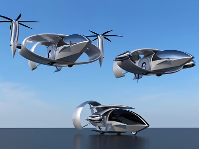Futuristic Flying Cars With Sleek Aerodynamic Shapes Flying In Blue Sky 3d model