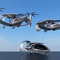 Futuristic Flying Cars With Sleek Aerodynamic Shapes Flying In Blue Sky