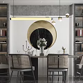 Modern Restaurant Interior With Dining Table Chairs Round Artwork And Pendant Lights 3d model