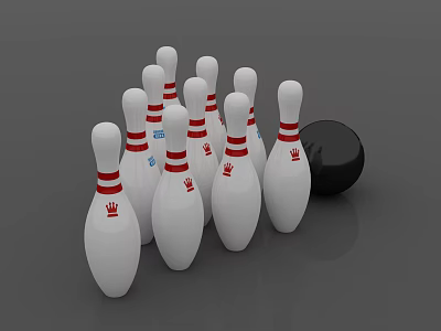 Set of White Bowling Pins with Red Stripes and Black Bowling Ball Sports Equipment 3d model