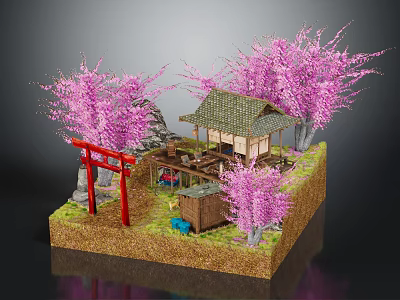 Whimsical Cartoon Scene With Red Torii Gate Japanese House And Pink Cherry Blossoms 3d model