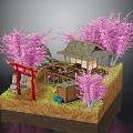 Whimsical Cartoon Scene With Red Torii Gate Japanese House And Pink Cherry Blossoms