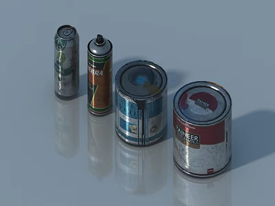 Various Metal Cans And Aerosol Spray Containers On Reflective Surface 3d model