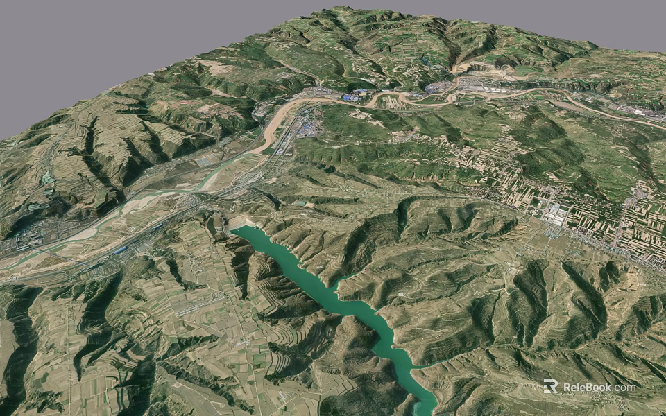 Aerial View Of Mountainous Terrain With Winding River And Green Valleys 3d model 