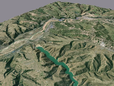Aerial View Of Mountainous Terrain With Winding River And Green Valleys 3d model