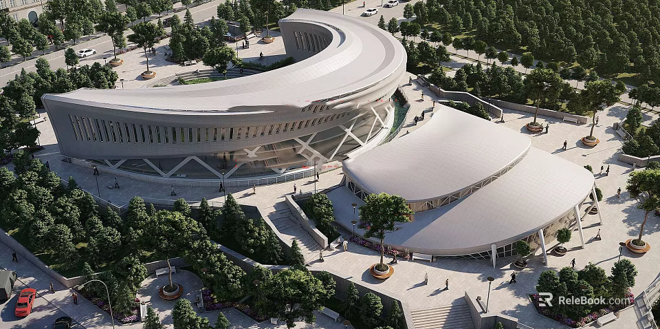 Modern Museum Building Design With Curved Roof And Surrounding Greenery Plaza 3d model