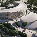 Modern Museum Building Design With Curved Roof And Surrounding Greenery Plaza 3d model