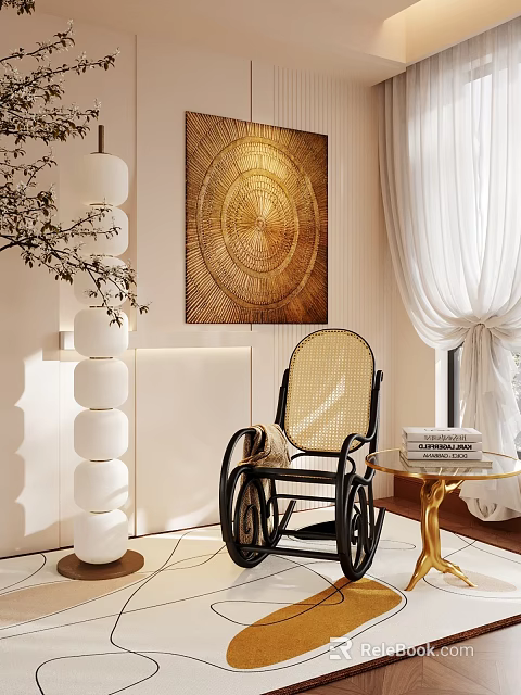 Modern Rattan Accent Chair With Black Frame And Golden Woven Art In Elegant Living Room 3d model 