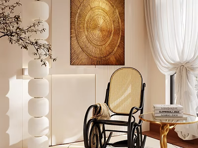 Modern Rattan Accent Chair With Black Frame And Golden Woven Art In Elegant Living Room 3d model