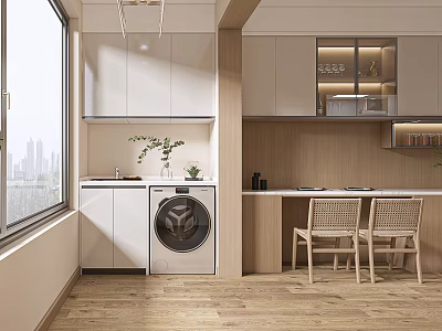 Modern Home Balcony With Large Window White Cabinets Washing Machine And Wooden Seating Area 3d model