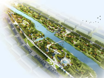 Modern Urban Riverside Park Landscape Design With Lush Green Belts And Comfortable Public Leisure Walkways 3d model