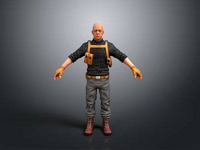 Female 3D Character Wearing Black Shirt Grey Pants And Yellow Gear Belt 3d model