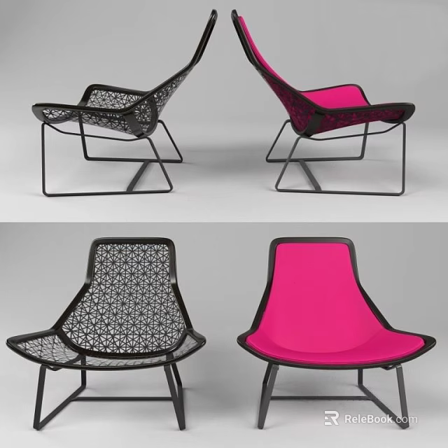 Modern Black and Pink Leisure Chairs Featuring Mesh Design and Metal Frame 3d model 