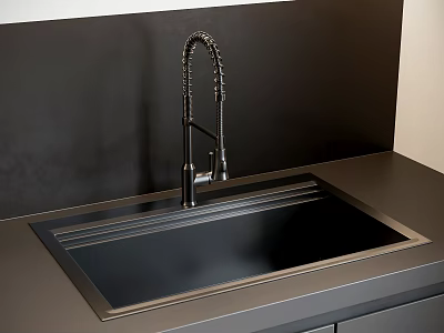 Modern Kitchen Sink With Black Countertop And Curved Stainless Steel Faucet 3d model