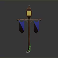 Medieval Street Lamp With Hanging Lantern And Blue Banners On Stone Pavement