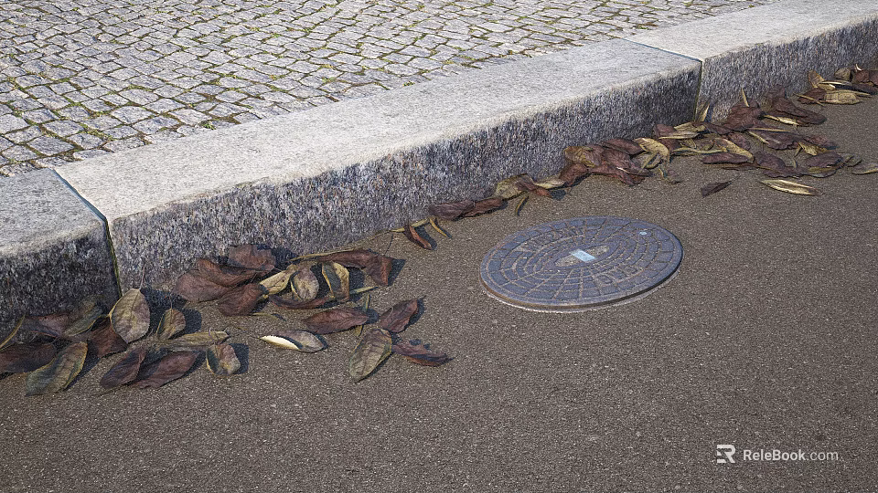 Urban Road Facilities Featuring Curb Cobblestone Pavement And Manhole Cover With Fallen Leaves 3d model 