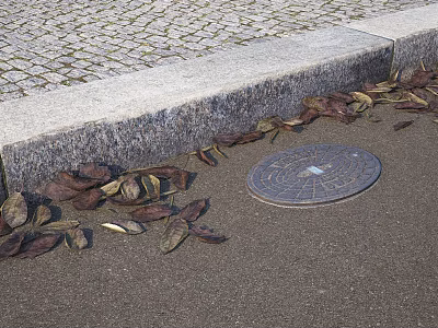 Urban Road Facilities Featuring Curb Cobblestone Pavement And Manhole Cover With Fallen Leaves 3d model