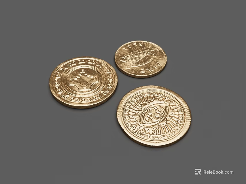 Three Exquisite Gold Coins With Intricate Engravings As Fine Jewelry Pieces 3d model 