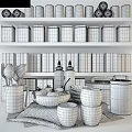 Kitchen Utensils Display With Wooden Spoons Tomatoes Glass Cups And Boxed Food On Shelves