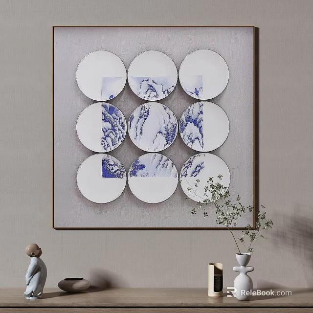 Abstract Painting With Square Frame Nine Circular Blue White Patterns And Textures 3d model 