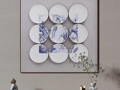 Abstract Painting With Square Frame Nine Circular Blue White Patterns And Textures 3d model