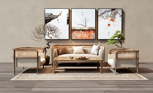 Sofa Coffee Table Combination Vase Ornaments Fruit Plate Pine Tree Potted Plant Decorative Painting 3d model