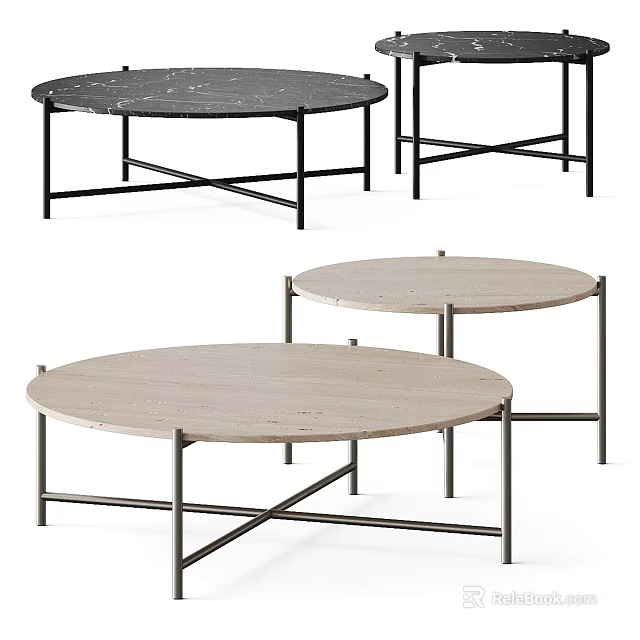 Modern Round Tea Table And Chairs With Wooden Top And Metal Frame 3d model 