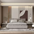 Modern Bedroom Interior Design With Bed Headboard Wall Nightstands Green Plant And Accent Chair