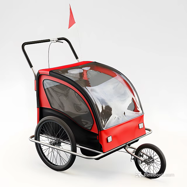 Red Bicycle Trailer With Transparent Cover Black Handle And Modern Design 3d model 