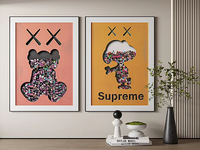 Two Art Prints Featuring Bear Colorful Fragments Black XX Symbols Pink Yellow Backgrounds Supreme Text 3d model