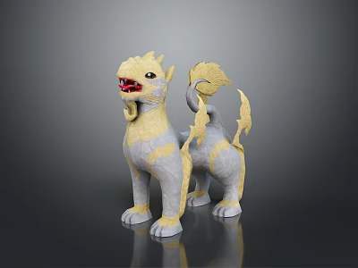 Detailed Gray And Yellow Mythical Creature With Mane Flame Tail Standing Sculpture 3d model