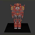 Red And Yellow Detailed Robot Model Standing On Black Base With Mechanical Design