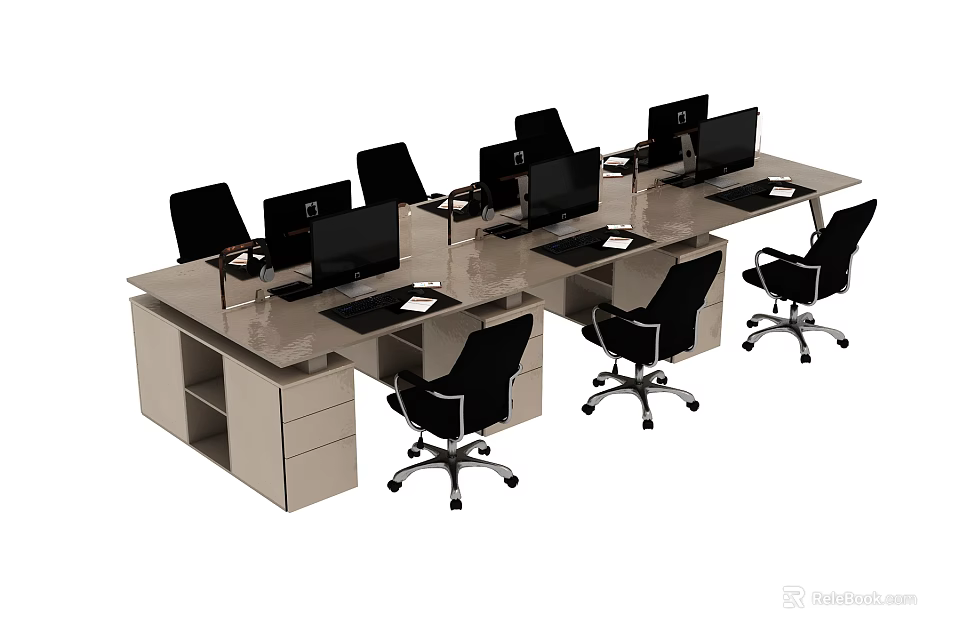 Modern Office Workstations With Black Chairs Computer Monitors And Drawer Cabinets 3d model 