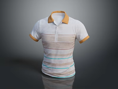 Stylish White Striped Polo Shirt With Brown Collar And Short Sleeves 3d model