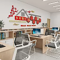 Community Service Hall Interior with Desks Computers and Wall Signs