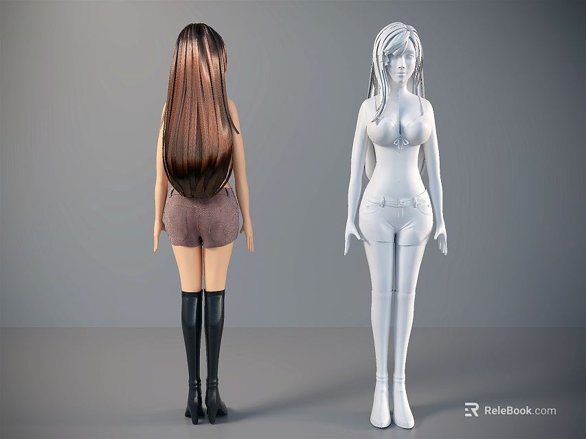 Game and Movie Characters Two Female Back View with Long Hair Brown and White Shorts 3d model 