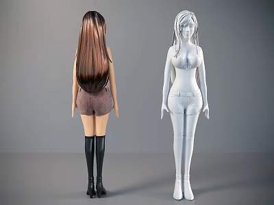 Game and Movie Characters Two Female Back View with Long Hair Brown and White Shorts 3d model