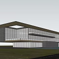Modern Sales Office Building With Transparent Glass Sloped Roof Green Lawn And Water Feature
