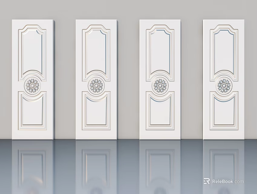 Elegant White Hinged Doors With Ornamental Carvings For Home Interior Design 3d model 
