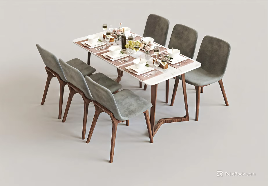 Modern Wooden Dining Table Set with Six Gray Upholstered Chairs and Table Setting 3d model 