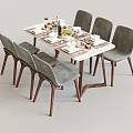 Modern Wooden Dining Table Set with Six Gray Upholstered Chairs and Table Setting
