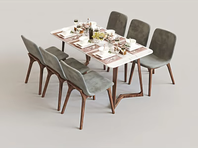 Modern Wooden Dining Table Set with Six Gray Upholstered Chairs and Table Setting 3d model