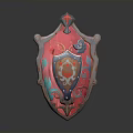 Medieval Shield Red And Pink Ornate Design With Lion Emblem Metallic Frame And Floral Patterns