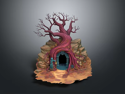 Enchanting Fantasy Landscape With Twisted Red Tree Rocks Blue Arched Door And Orange Ground 3d model