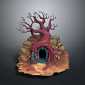 Enchanting Fantasy Landscape With Twisted Red Tree Rocks Blue Arched Door And Orange Ground