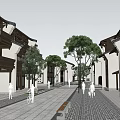 Charming Commercial Street With Traditional Chinese Architecture Pedestrians Trees And Benches For Leisure Walks