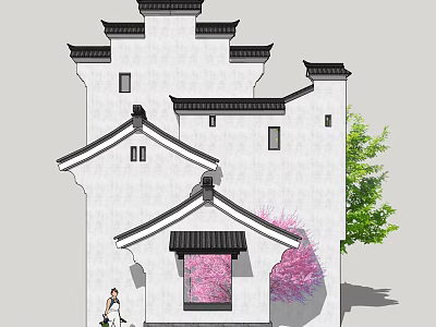 Chinese Style Scenic Wall With White Surface Black Roof Tiles Cherry Blossoms And Figure 3d model
