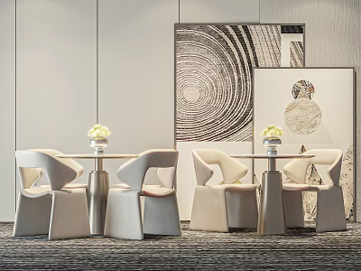Elegant Modern Leisure Chairs With Coffee Table Flower Vase And Decorative Wall Artworks 3d model