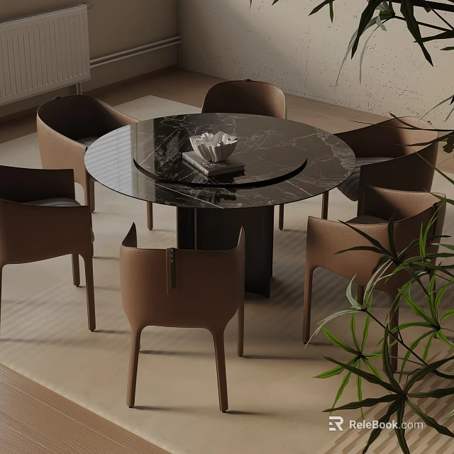 Round Black Marble Dining Table Set with Brown Chairs and Indoor Plant 3d model 
